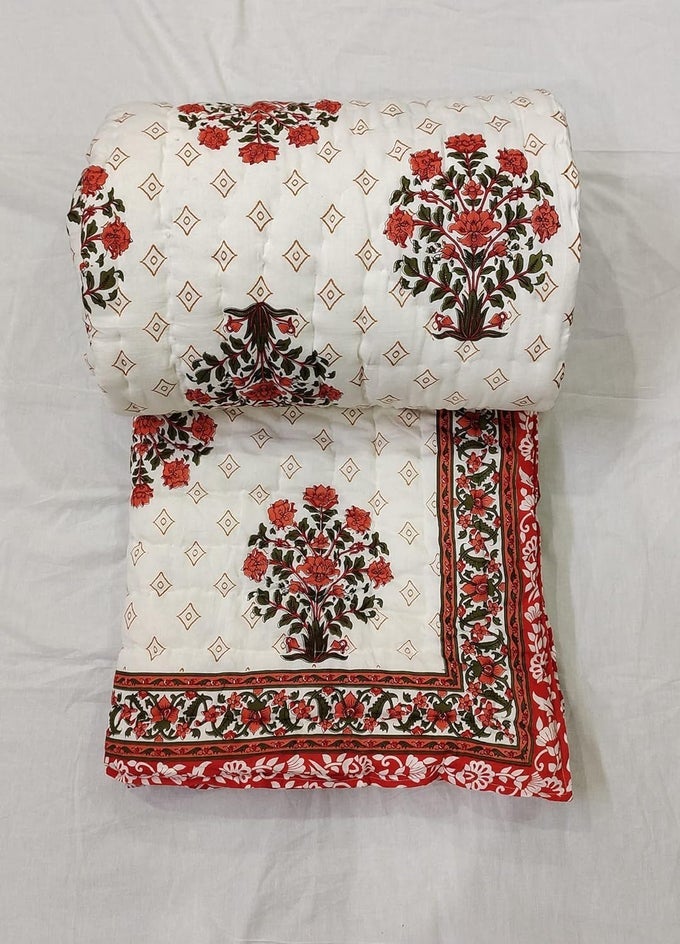HAND BLOCK MUGAL PRINTED JAIPURI RAZAI ORGANIC PURE COTTON AC QUILT FOR ALL SEASON SOFT LIGHT WEIGHT RAJASTHANI TRADITIONAL COTTON COMFORTER 85 X 103 INCH ORANGE MIX GREEN