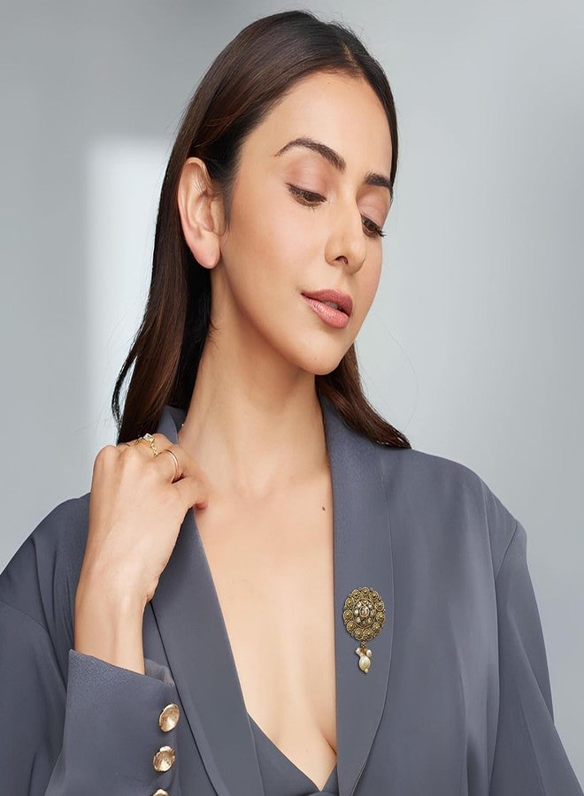 Accessher Gold Plated Traditional Semi Precious Stones Studded Antique Design Unisex Brooch/Saree Pin for Women and Girls Pack of 1 (Design 11) - Image 2