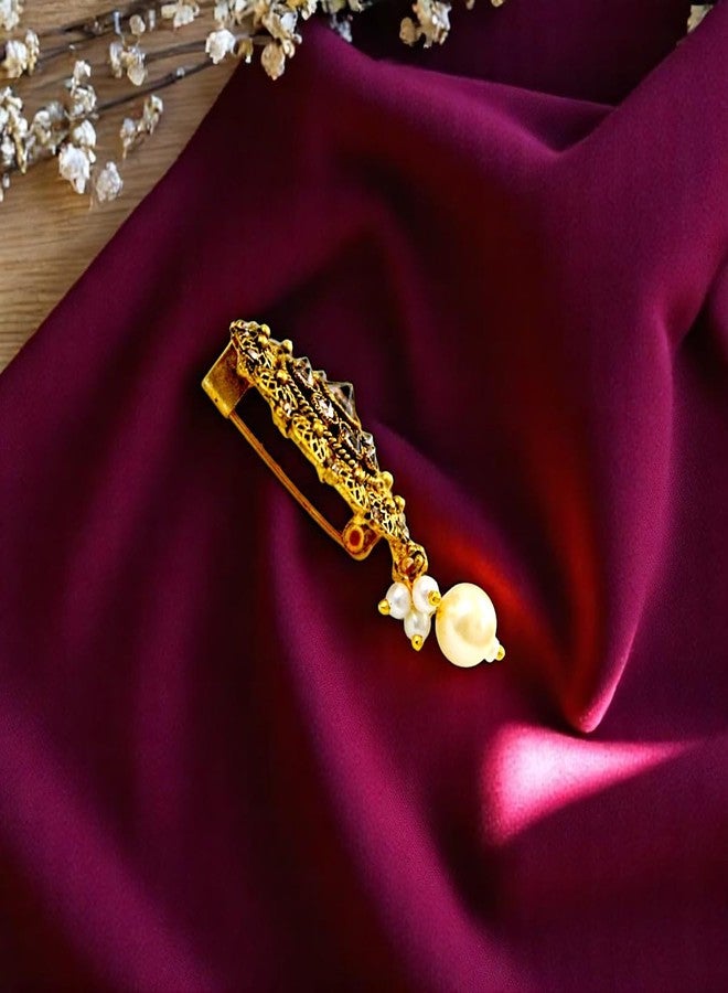 Accessher Gold Plated Traditional Semi Precious Stones Studded Antique Design Unisex Brooch/Saree Pin for Women and Girls Pack of 1 (Design 11) - Image 4