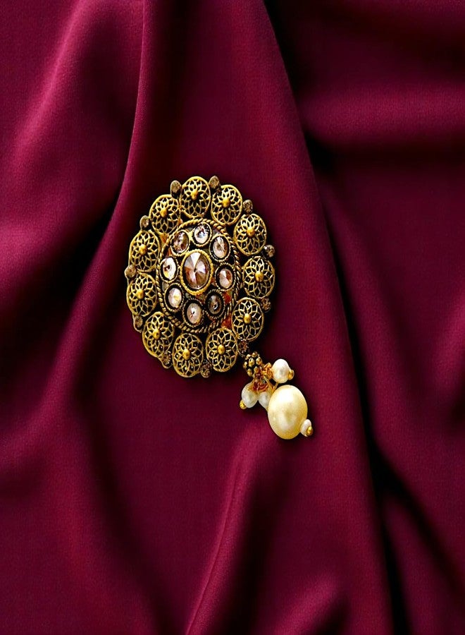 Accessher Gold Plated Traditional Semi Precious Stones Studded Antique Design Unisex Brooch/Saree Pin for Women and Girls Pack of 1 (Design 11) - Image 3