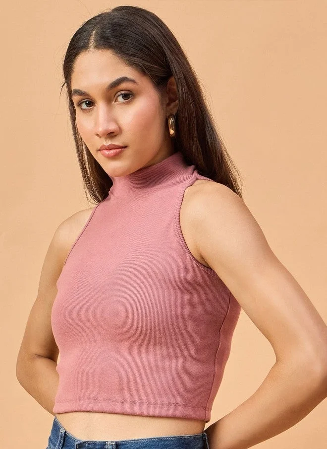 Pink High Neck Crop Top for Women