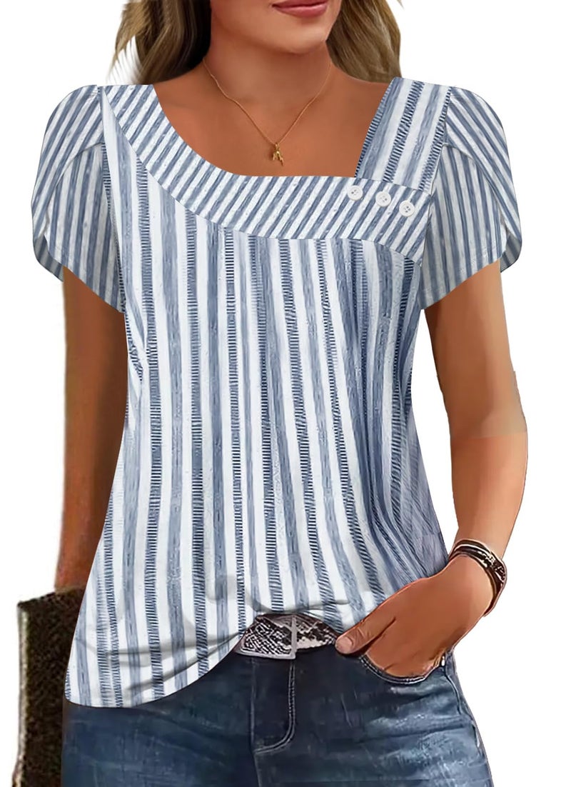 SAUKOLE Summer Tops for Women Short Sleeve Square Neck Tshirts Ladies Workout Blouses Casual Fashion Tees - Image 1