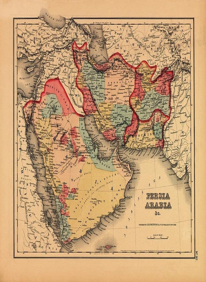 خرائط قديمة للشرق الأوسط تشمل بلاد فارس والجزيرة العربية حوالي عام 1855 من تصميم جيه إتش كولتون | ملصق فني مطبوع، ديكور حائط عتيق | 18 × 24 بوصة (457 × 610 مم) - Image 1