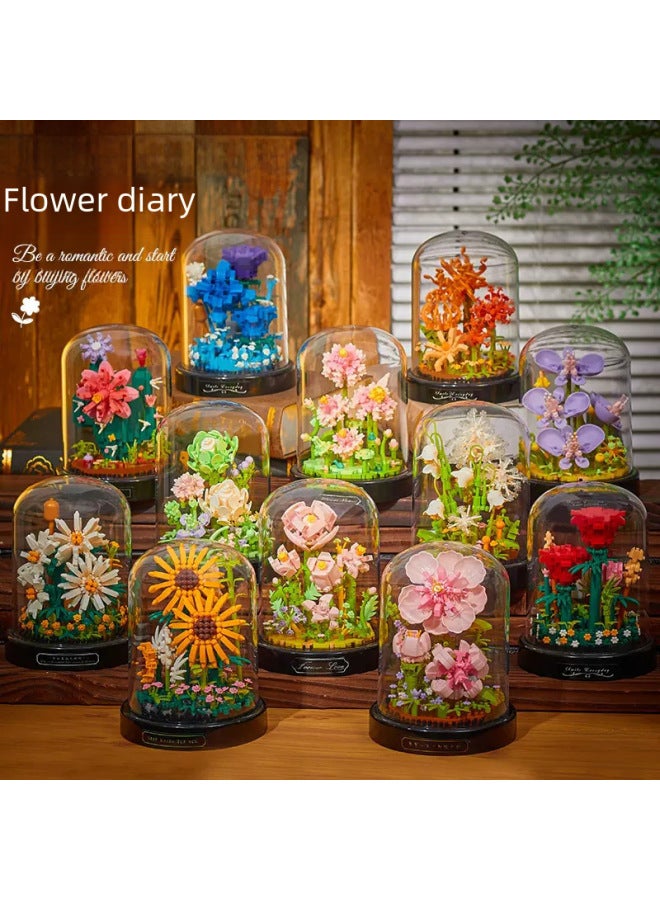 Creative Toy Building Blocks Sunflower Eternal Flower Micro Drill Particle Assembly Toy Display Piece Valentine's Day Gift-Color:16344 Lotus [with Transparent Cover Base]]  - Image 2