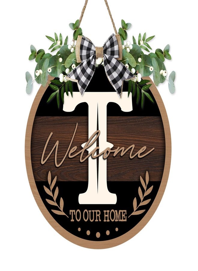 Bolisom Monogram Letter T Front Door Sign, Welcome to Our Home Family Last Name Initial Wooden Hanger Decor Housewarming Wedding Gifts, Farmhouse Rustic Wreath Indoor Wall Hanging Decoration with Bow - Image 1