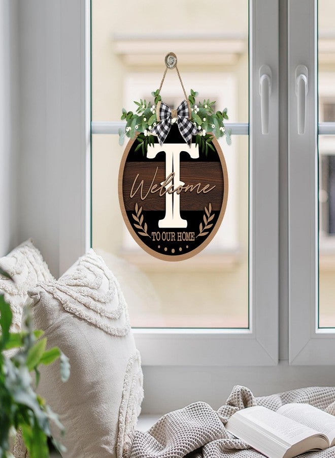 Bolisom Monogram Letter T Front Door Sign, Welcome to Our Home Family Last Name Initial Wooden Hanger Decor Housewarming Wedding Gifts, Farmhouse Rustic Wreath Indoor Wall Hanging Decoration with Bow - Image 5