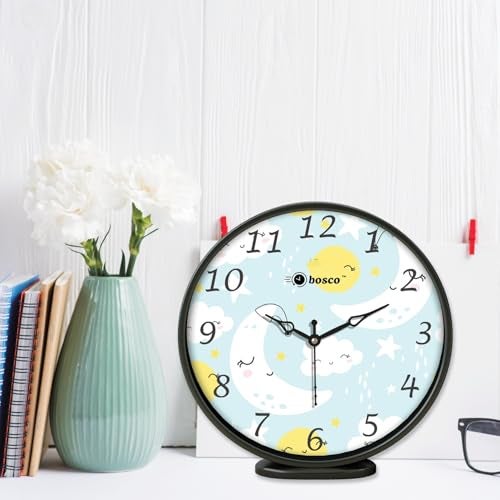 Bosco Modern and Decorative Non Ticking Silent, Sky Blue dial with Black Frame 20 CM Table Cum Round Wall Clock for Home, Living Room, Bedroom, Office and Kitchen I BWC-1205 - Image 1