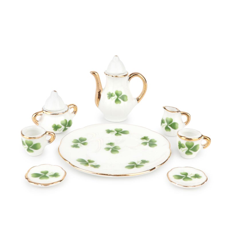 Cutemini Dollhouse 16 Porcelain Tea Cup Sets 8 Pcs Set Miniature Ceramics Dollhouse Accessories Flower Pattern Teapot Platter Dish Sets Dollhouse Kitchen Supplies Decoration Lucky Clover - Image 3