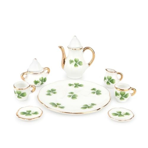 Cutemini Dollhouse 16 Porcelain Tea Cup Sets 8 Pcs Set Miniature Ceramics Dollhouse Accessories Flower Pattern Teapot Platter Dish Sets Dollhouse Kitchen Supplies Decoration Lucky Clover - Image 1