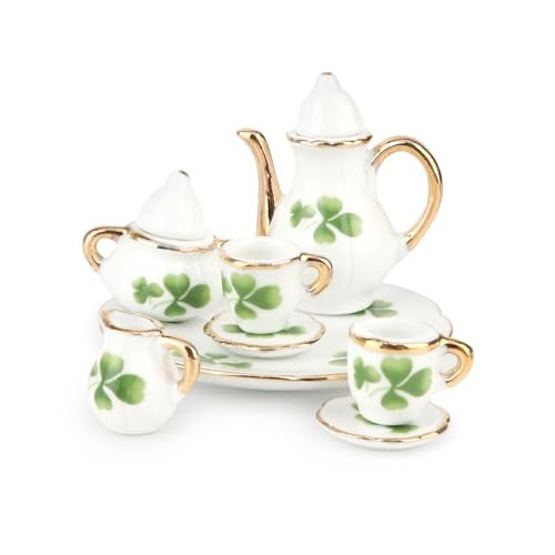 Cutemini Dollhouse 16 Porcelain Tea Cup Sets 8 Pcs Set Miniature Ceramics Dollhouse Accessories Flower Pattern Teapot Platter Dish Sets Dollhouse Kitchen Supplies Decoration Lucky Clover - Image 5