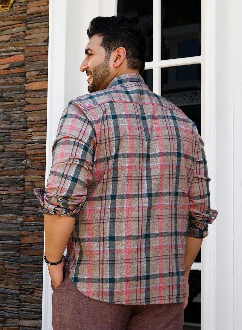Instafab Plus Instafab Plus Men's Khaki Beige Button-Down Tartan Shirt For Casual Wear | Spread Collar | Long Cuffed Sleeves | Button Closure | Plus Size Shirt Crafted With Comfort Fit For Everyday Wear  - Image 5