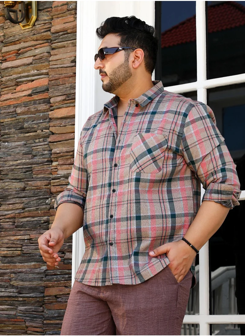 انستافاب بلس Instafab Plus Men's Khaki Beige Button-Down Tartan Shirt For Casual Wear | Spread Collar | Long Cuffed Sleeves | Button Closure | Plus Size Shirt Crafted With Comfort Fit For Everyday Wear