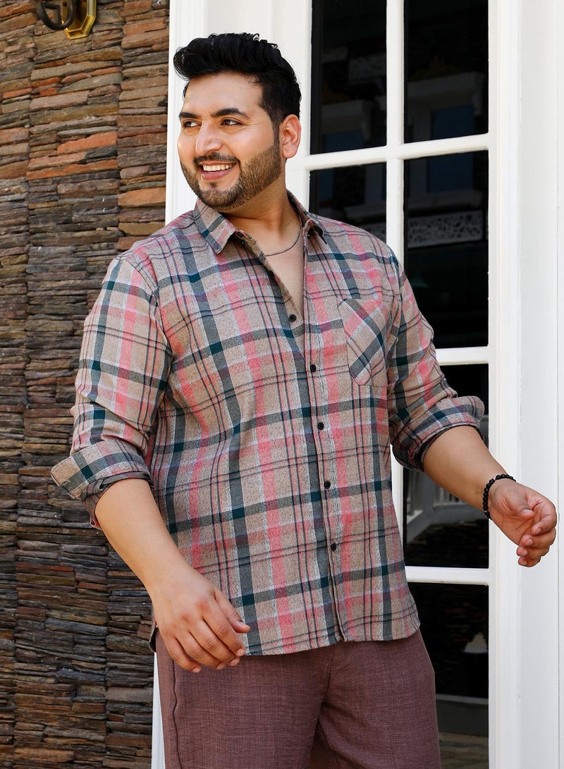 Instafab Plus Instafab Plus Men's Khaki Beige Button-Down Tartan Shirt For Casual Wear | Spread Collar | Long Cuffed Sleeves | Button Closure | Plus Size Shirt Crafted With Comfort Fit For Everyday Wear  - Image 3