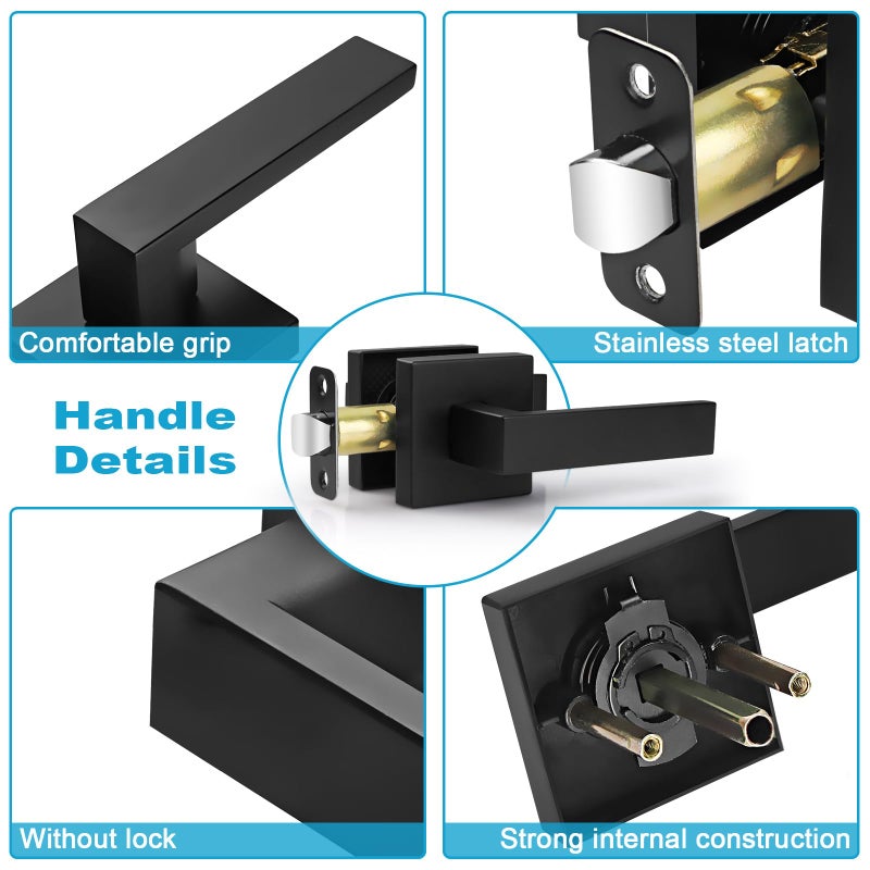 Estmoon 2 Pack Passage Door Levers, Matte Black Door Knobs Interior Square Door Handles, Heavy Duty Non-Locking Leversets Hall Closet Handles, Reversible for Right & Left Sided Doors - Image 2