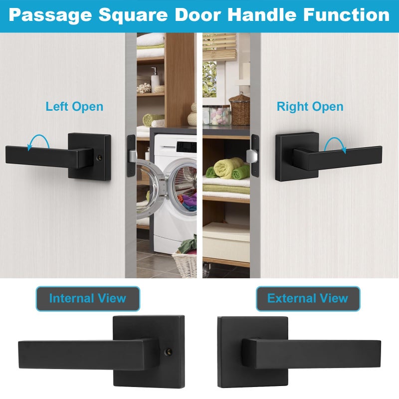 Estmoon 2 Pack Passage Door Levers, Matte Black Door Knobs Interior Square Door Handles, Heavy Duty Non-Locking Leversets Hall Closet Handles, Reversible for Right & Left Sided Doors - Image 5