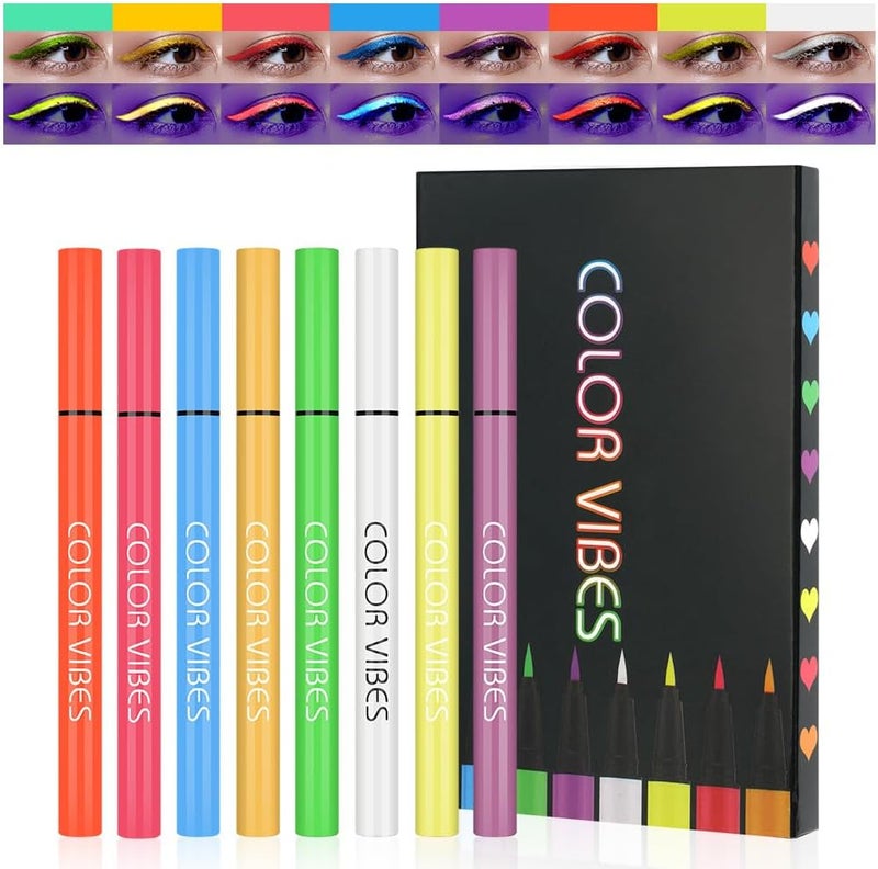 LOPHE Neon Liquid Eye Liner 8 Colors Waterproof Smudgeproof Long Lasting Matte Eyeliner Set Colorful Fluorescent Rainbow Eyeliner Glow In UV Liner Pen Eye Face Paint Makeup for Daily Halloween
