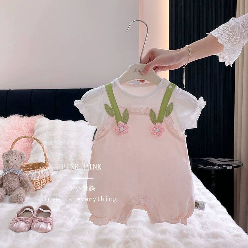 Baby Romper with 3D Floral Pattern, Short Sleeve, Lightweight - Image 1