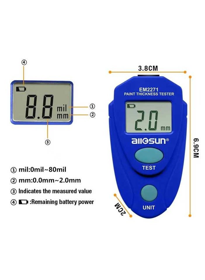 Loquat Thickness Gauge, Digital Painting Thickness Meter Mini LCD Car Coating Thickness Gauge, LCD Enamel MIni Paint Thickness Gauge Meter Tool, Blue - Image 2