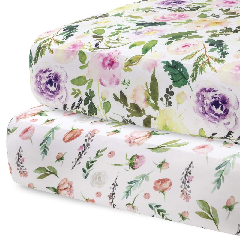 Pobibaby - 2 Pack Premium Fitted Baby Girl Crib Sheets for Standard Crib Mattress - Ultra-Soft Cotton Blend, Safe and Snug, and Stylish Floral Crib Sheet (Allure) - Image 1