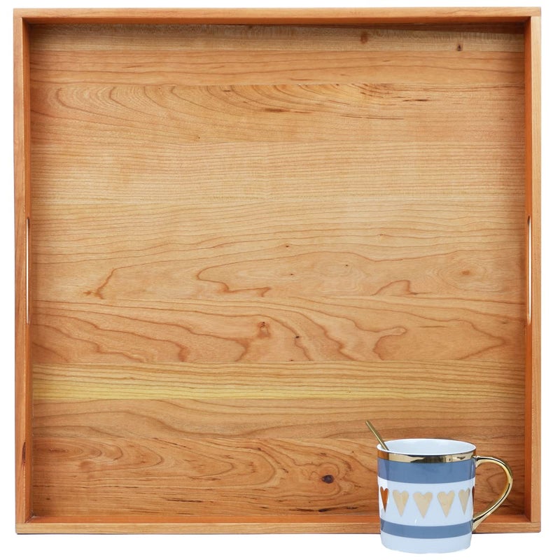 MAGIGO 19 x 19 Inches Large Square Cherry Wood Ottoman Tray with Handles Serve Tea Coffee Classic Wooden Decorative Serving Tray