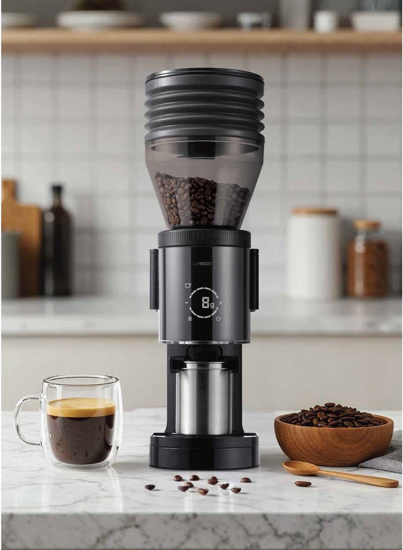 LePRESSO Precision Conical Burr Grinder with Digital Weight Control & Adjustable Grind Setting / Powerful Grinding Performance / Accurate Weight Measurement / 51mm & 58mm Portafilter Compatibility / 400g Bean Hopper Capacity - Black - Image 3