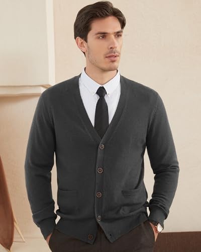 Kallspin Men's Cardigan Sweaters Wool Blend V Neck Button Down Sweaters with Pockets(Charcoal, Large) - Image 2