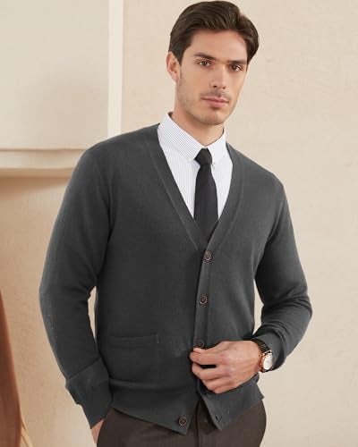 Kallspin Men's Cardigan Sweaters Wool Blend V Neck Button Down Sweaters with Pockets(Charcoal, Large) - Image 4