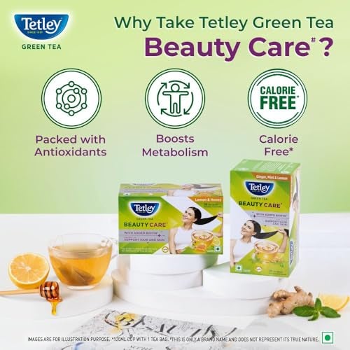 Tetley Green Tea Beauty Care, With Added Biotin, Supports Hair and Skin, 0 Calories, Natural Lemon and Honey Flavors, 25 Sachets (1.7 g each) - Image 5