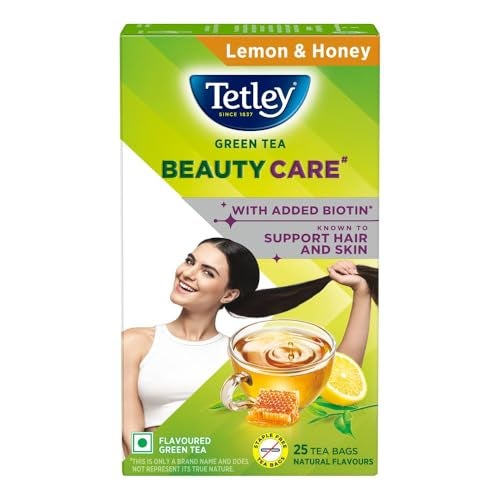 Tetley Green Tea Beauty Care, With Added Biotin, Supports Hair and Skin, 0 Calories, Natural Lemon and Honey Flavors, 25 Sachets (1.7 g each) - Image 1