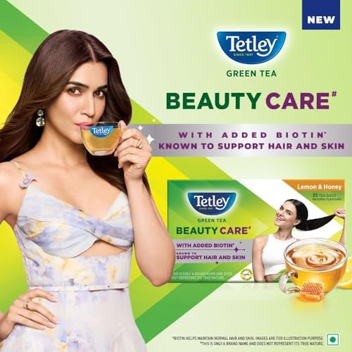 Tetley Green Tea Beauty Care, With Added Biotin, Supports Hair and Skin, 0 Calories, Natural Lemon and Honey Flavors, 25 Sachets (1.7 g each) - Image 3