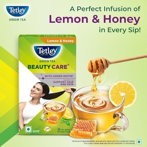 Tetley Green Tea Beauty Care, With Added Biotin, Supports Hair and Skin, 0 Calories, Natural Lemon and Honey Flavors, 25 Sachets (1.7 g each) - Image 4