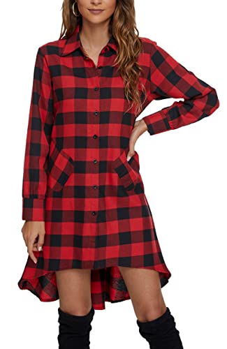 olrain Womens Plaids V Neck Long Sleeve Irregular Hem Casual Shirt Dress (XX-Large, Red) - Image 2