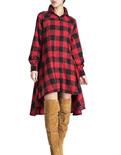 olrain Womens Plaids V Neck Long Sleeve Irregular Hem Casual Shirt Dress (XX-Large, Red) - Image 1