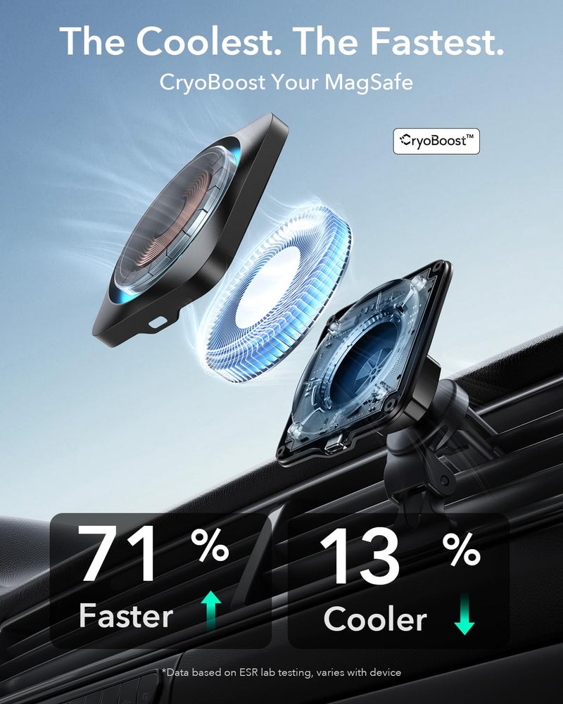 ESR 【تبريد الهاتف】 شاحن سيارة ESR بقوة 15 واط مع تقنية CryoBoost، شاحن سيارة MagSafe، حامل هاتف السيارة للتهوية/لوحة القيادة لهواتف iPhone Air/17/17e/16/15/14/13/12، Google Pixel 10، Galaxy S26/S25 - Image 2