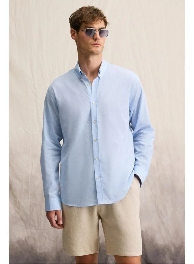 Grimelange Lasse Men's Blue Shirt with Collar and Cuff, Long Sleeves – Regular Fit, Linen Blend