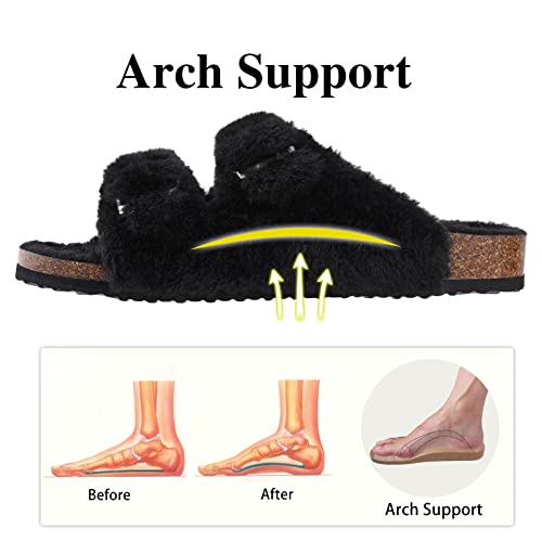 KIDMI Fuzzy Slippers Women with Cork Footbed Fluffy Slides Open Toe Indoor House Shoes Arch Support Adjustable Buckles Black 885 - Image 3