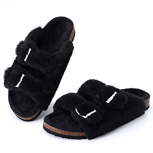 KIDMI Fuzzy Slippers Women with Cork Footbed Fluffy Slides Open Toe Indoor House Shoes Arch Support Adjustable Buckles Black 885 - Image 1
