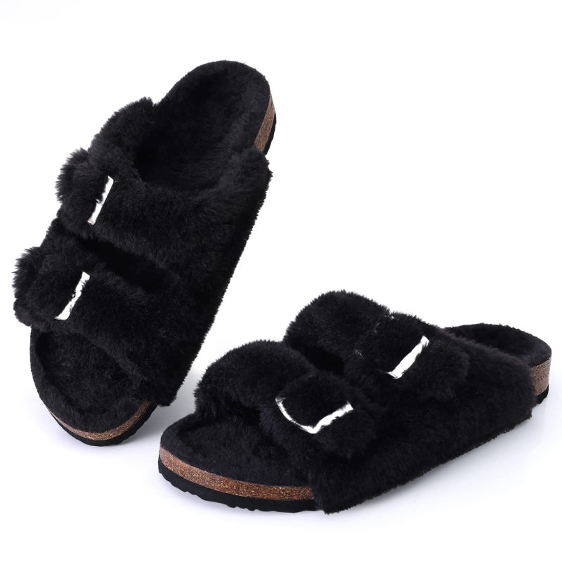 KIDMI Fuzzy Slippers Women with Cork Footbed Fluffy Slides Open Toe Indoor House Shoes Arch Support Adjustable Buckles Black 885 - Image 2