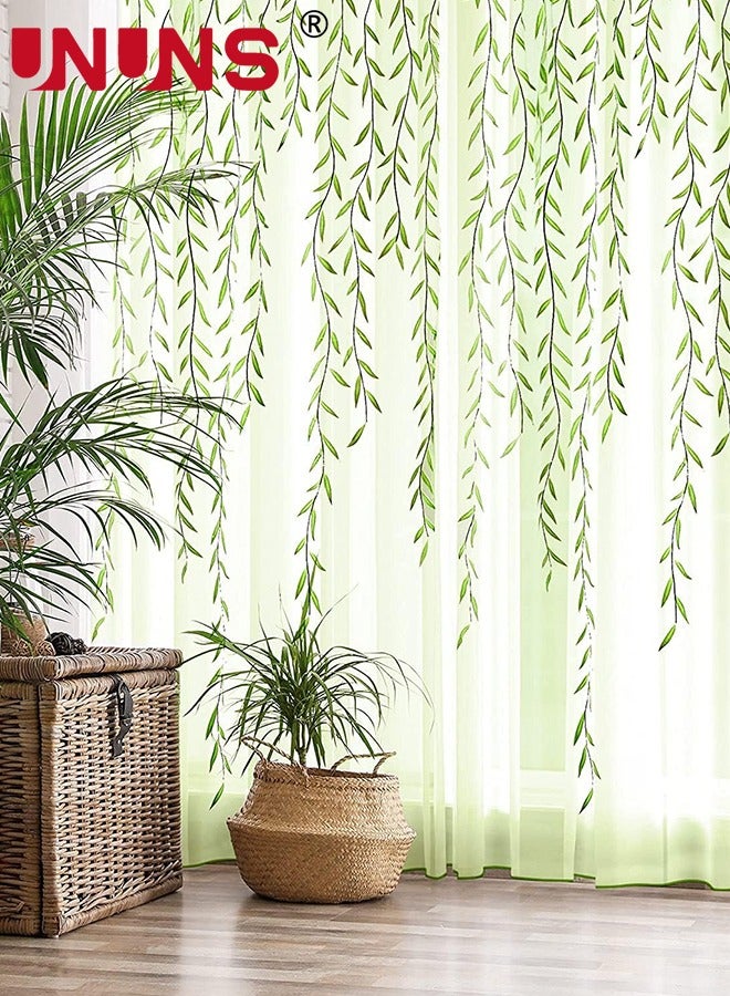 UNUNS ستائر شفافة، ستائر نافذة من التول بطبقتين، ستائر فوال مطبوعة على شكل أوراق شجر، ستارة نافذة نباتية شبه شفافة من الصفصاف الفوال لغرفة المعيشة والشرفة وغرفة النوم وخزانة المدخل، 100 × 270 سم أخضر فاتح - Image 1