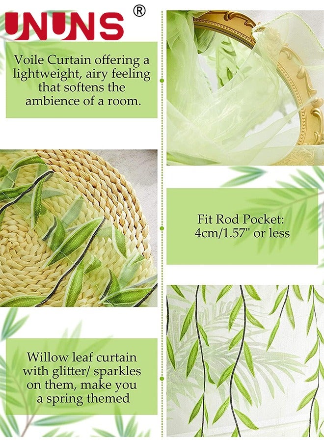 UNUNS ستائر شفافة، ستائر نافذة من التول بطبقتين، ستائر فوال مطبوعة على شكل أوراق شجر، ستارة نافذة نباتية شبه شفافة من الصفصاف الفوال لغرفة المعيشة والشرفة وغرفة النوم وخزانة المدخل، 100 × 270 سم أخضر فاتح - Image 2