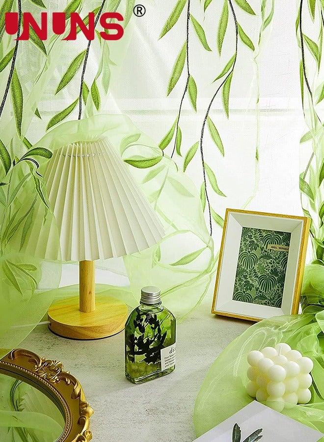 UNUNS ستائر شفافة، ستائر نافذة من التول بطبقتين، ستائر فوال مطبوعة على شكل أوراق شجر، ستارة نافذة نباتية شبه شفافة من الصفصاف الفوال لغرفة المعيشة والشرفة وغرفة النوم وخزانة المدخل، 100 × 270 سم أخضر فاتح - Image 3