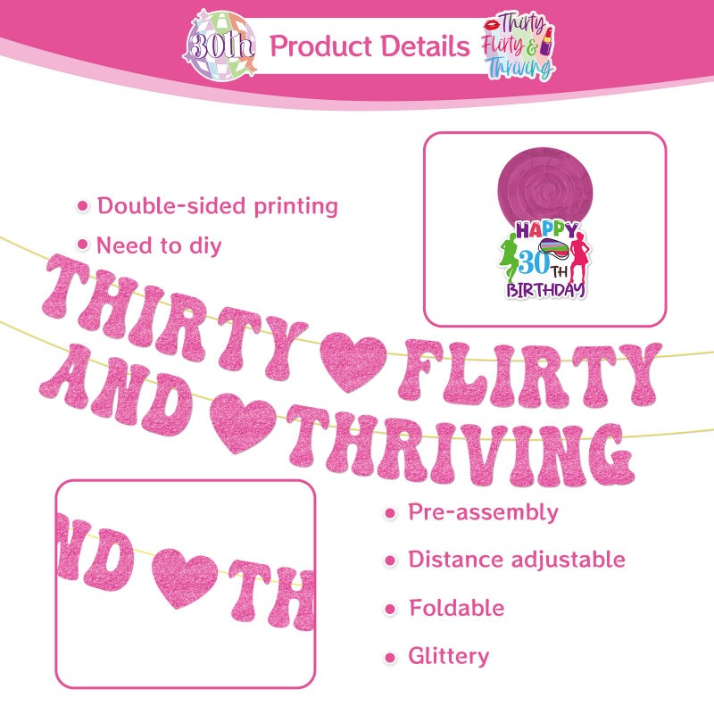 Aposwow Thirty Flirty and Thriving Decorations - 10PCS 30 Flirty and Thriving Banners with Hanging Swirls Birthday Decoration Talk 30 to Me Bday Decor Supplies for 30th Women - Image 3