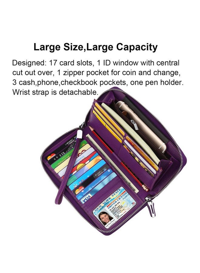 Lavemi Women'S Rfid Blocking 100% Leather Large Capacity Zip Around Wallet Phone Holder Clutch Travel Purse Wristlet(Large Size Purple) - Image 3
