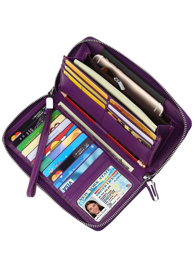 Lavemi Women'S Rfid Blocking 100% Leather Large Capacity Zip Around Wallet Phone Holder Clutch Travel Purse Wristlet(Large Size Purple) - Image 2