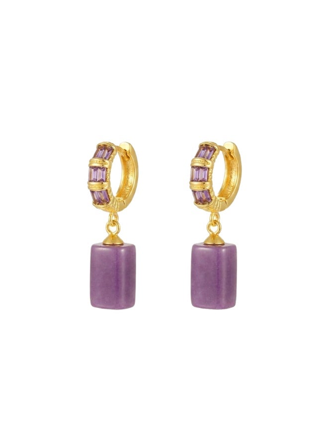 Julia Store 18K Gold Plated Metal Aesthetic Exquisite Luxury Elegant Dainty Cute Trendy Delicate Modern Natural Cylindrical Amethyst Dangle Hoop Clear Amethyst Crystal Inlaid Earrings Jewelry Gift For Women - Image 1