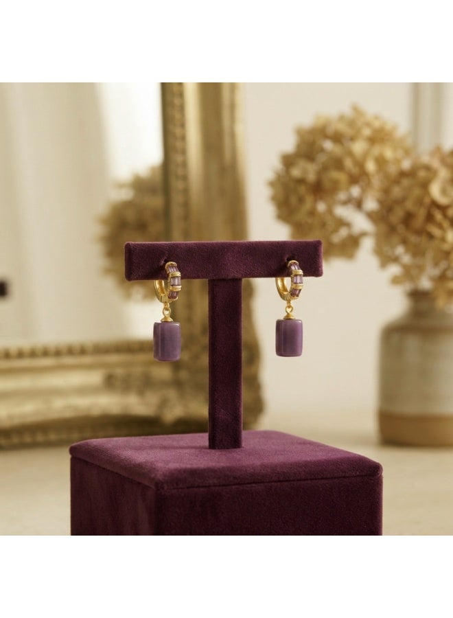 Julia Store 18K Gold Plated Metal Aesthetic Exquisite Luxury Elegant Dainty Cute Trendy Delicate Modern Natural Cylindrical Amethyst Dangle Hoop Clear Amethyst Crystal Inlaid Earrings Jewelry Gift For Women - Image 2