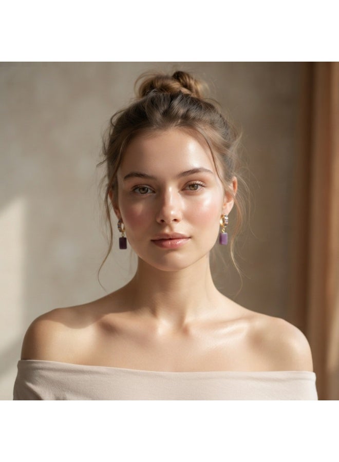 Julia Store 18K Gold Plated Metal Aesthetic Exquisite Luxury Elegant Dainty Cute Trendy Delicate Modern Natural Cylindrical Amethyst Dangle Hoop Clear Amethyst Crystal Inlaid Earrings Jewelry Gift For Women - Image 3