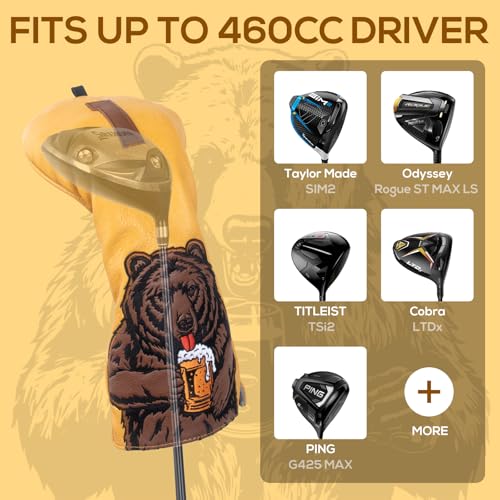 LZFAN Golf Club Head Cover Golf Head Cover Driver Headcover Fairway Wood Headcover Hybrid Club Head Cover Golf Blade Mallet Putter Cover Beer Bear Driver - Image 3