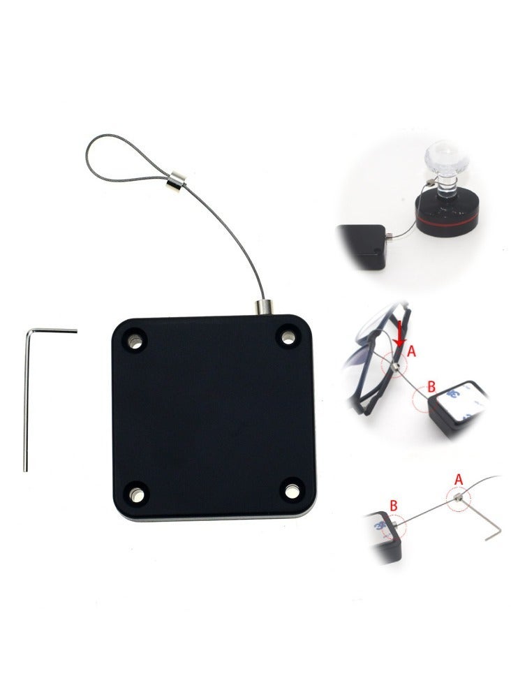 صندوق سلك فولاذي مضاد للسرقة والفقدان مع بكرة قابلة للسحب تلقائيا باللون الأسود بطول 1.5 متر مزود بمشبكي قفل مزدوجين عند نهاية السلك - Image 1