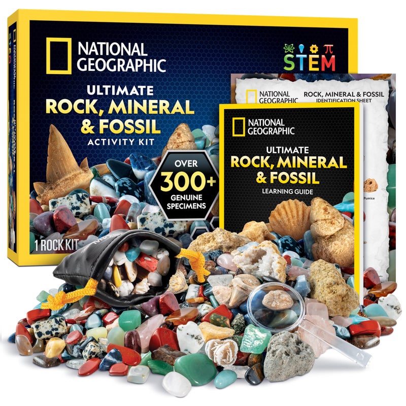 Blue Marble NATIONAL GEOGRAPHIC Rock Collection Box for Kids – 300 Piece Gemstones and Crystals Set Includes Geodes and Real Fossils, Rocks and Minerals Science Kit for Kids, A Geology Gift for Boys and Girls - Image 1